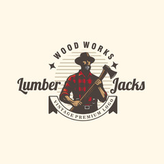 lumberjack man hold the ax vintage badge logo vector graphic illustration