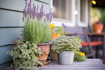 potted lavender and herbs on farmhouse porch, rustic charm