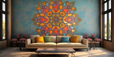 Luxurious Moroccan-inspired decor with creative tile and a glamorous, multi-colored floral pattern for seamless wall decoration in the home.