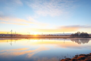 Fototapeta na wymiar wind farm reflected in a nearby lake during sunrise