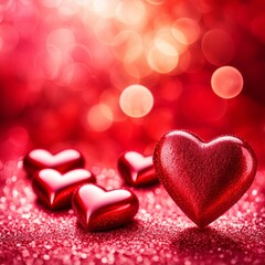 Fototapeta premium Red Hearts On Shiny Glitter Background