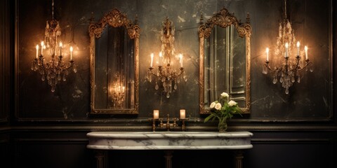 Antique mirror and vintage wall sconces adorn the bathroom, creating an elegant and artistic interior.