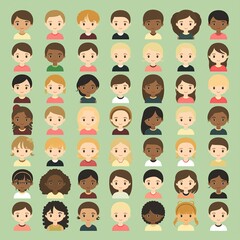 Set of 49 cartoon characters. Heroes of comics, children books. Variety and richness of human race. Kids of different skin color. Diversity. Phenotypes, ethnicities and facial features of children