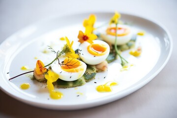boiled quail eggs on a bed of grilled asparagus spears