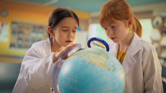 Smart Talented Girls Experimenting and Researching a Geography Assignment in Primary School. Young Cute Pupils Using a Round Globe and a Magnifying Glass to Enlarge the Destinations on a Map