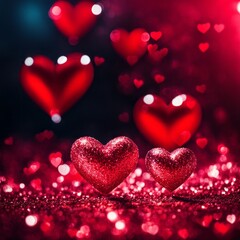 Red Hearts On Shiny Glitter Background