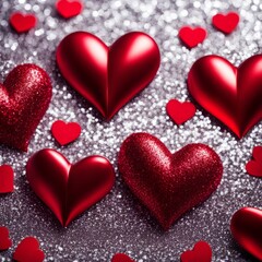 Fototapeta premium Red Hearts On Shiny Glitter Background