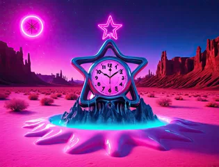 Foto op Canvas Hypnotic Psychedelic Self-Discovery - Surreal desert landscape with a melting clock and mesmerizing neon glow Gen AI © Ian