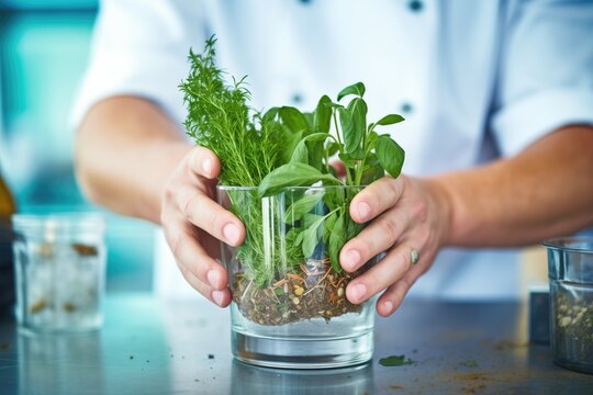 closeup of a bartenders hands muddling herbs in a glass