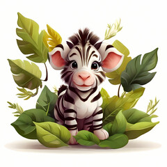 smiling cute baby zebra in leaves