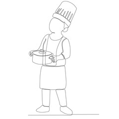 Single continuous line drawing of young male chef cooking in restaurant kitchen