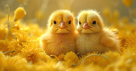 Funny and Сute yellow Chicks on a  Yellow Background.