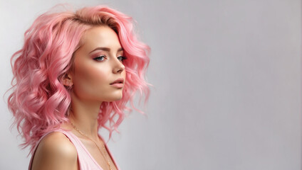 Naklejka premium young woman with pink hair isolated on bright white background