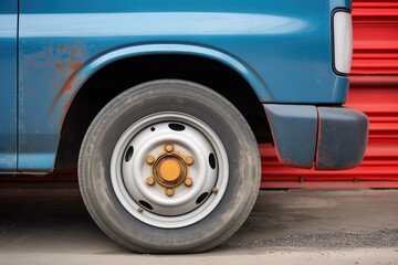closeup of cargo van wheel and side panel