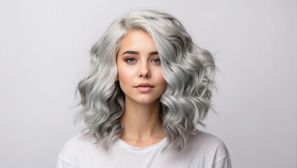 Fototapeta premium young woman with gray hair isolated on bright white background