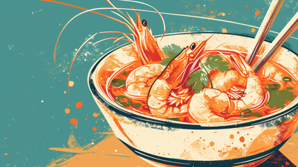 Tom Yum Goong Spicy Shrimp Soup Artistic Illustration