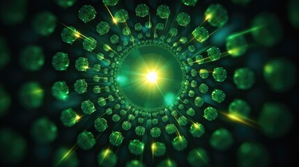 Background with green circles arranged in a circular pattern with a mirror effect and radial blur