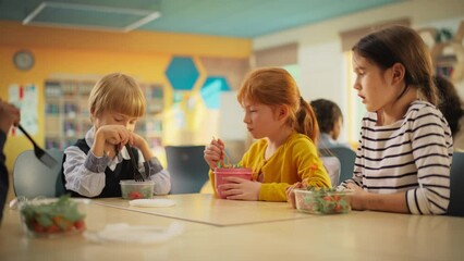 Class of Adorable Diverse Children Having a Lunch Break with Healthy Vegetarian Meals in an International Primary School. Young Kids Enjoying Their Time, Having Fun Conversations while Eating Food