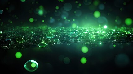 Background with green circles arranged randomly with a neon glow effect and lens flares
