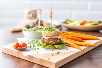 quinoa burger with sweet potato fries on a bamboo board