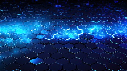 Background with neon blue hexagons arranged in a honeycomb pattern with a glitch effect and digital distortion