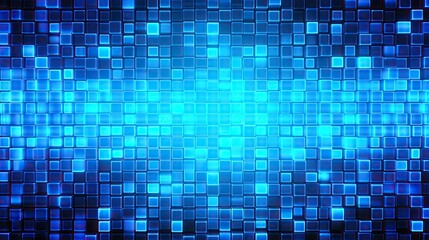Background with neon blue squares arranged in a checkerboard pattern with a glitch effect and digital distortion