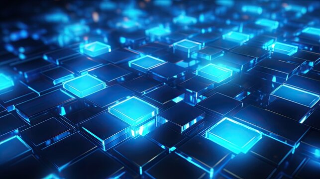 Background with neon blue squares arranged in a grid pattern with a motion blur effect and light streaks