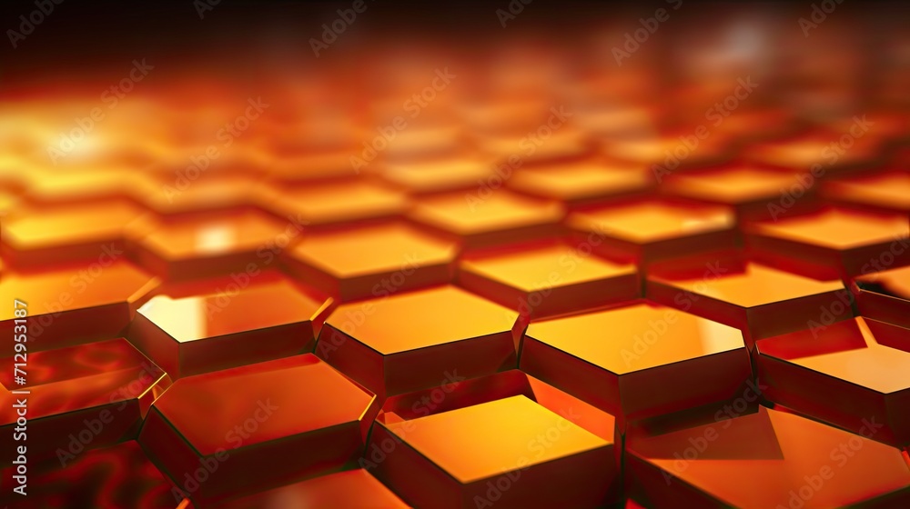 Wall mural background with neon orange hexagons arranged in a honeycomb pattern with a bokeh effect and color g