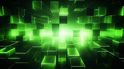 Background with neon green squares arranged randomly with a motion blur effect and light streaks