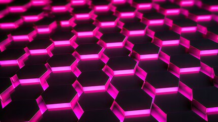 Obraz na płótnie Canvas Background with neon pink hexagons arranged in a honeycomb pattern with a chromatic aberration effect and film grain