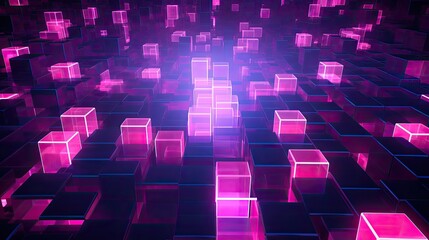 Background with neon pink squares arranged randomly with a 3d effect and particle system