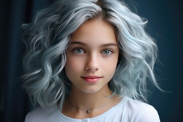 Naklejka premium Teenager girl wearing light blue shirt looking into the camera. Blue haired teen girl stays against blue background. adolescence concept. Copy space.