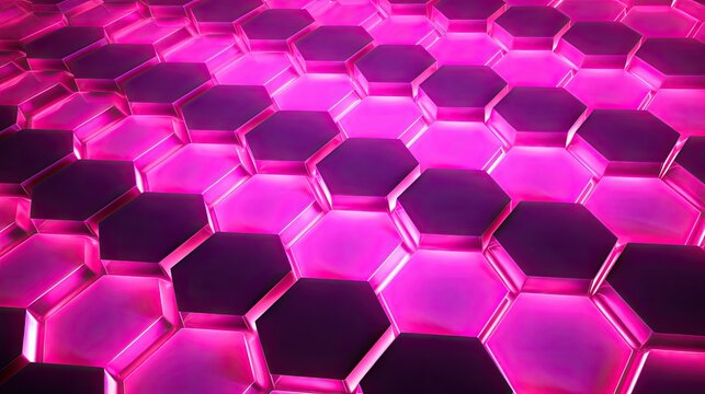 Background with neon pink hexagons arranged randomly with a chromatic aberration effect and film grain
