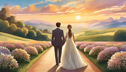 Just married couple walking into beautiful pastel sunset - obrazy, fototapety, plakaty