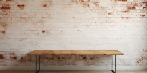 Ideal for showcasing products, with unfurnished table and backdrop of brick wall.