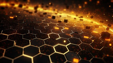 Background with yellow hexagons arranged in a circular pattern with a 3d effect and particle system - obrazy, fototapety, plakaty
