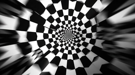 Background with black and white triangles arranged in a checkerboard pattern with a mirror effect and radial blur