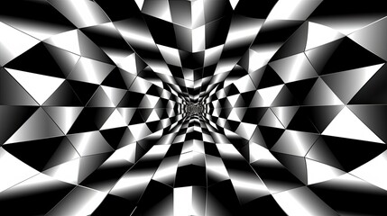 Background with black and white triangles arranged in a checkerboard pattern with a mirror effect and radial blur - obrazy, fototapety, plakaty