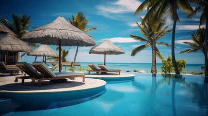 Beachside Resort Pool with Sun Loungers and Umbrellas