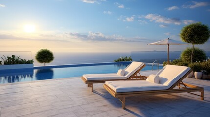 Obraz premium Elegant Oceanfront Infinity Pool with Sunbeds and Umbrella