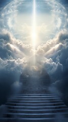 Aesthetic depicting a stairway to heaven , surrounded by clouds and celestial imagery.