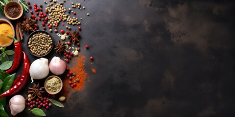 
variety of spices and herbs on a background of a black table, 
