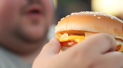 Person eating hamburger. concept of obesity, overweight  and junk food. close up, focus on hamburger.