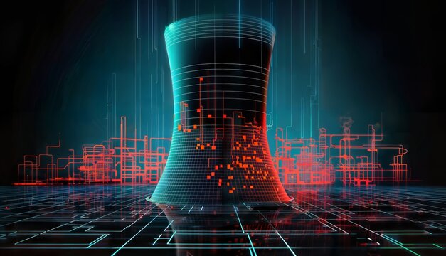 3d rendering of nuclear power plant on dark background with binary code