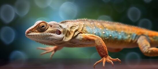 iguana lizard is walking blur background