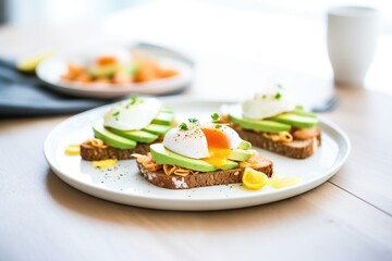ciabatta slices with avocado and poached eggs