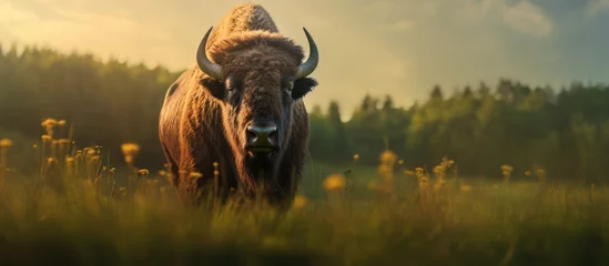 Gordijnen bison animal walking on the prairie © gufron
