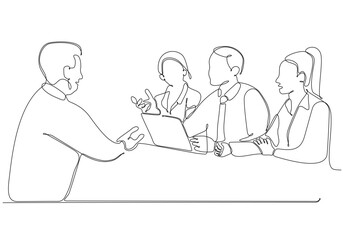 Continuous line drawing of group of business people discussing in conference room. Creative business team brainstorming over new project isolated on white background