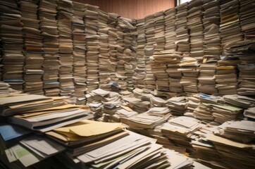 Bureaucracy piles paperwork. Unrealistic amount unsorted letters and documents. Generate AI