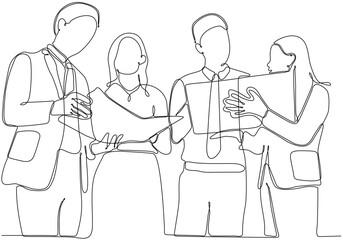 Continuous line drawing of group of business people discussing in conference room. Creative business team brainstorming over new project isolated on white background